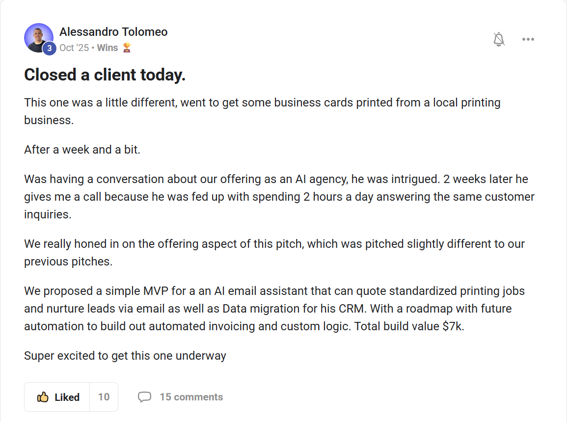 Alessandro Tolomeo: a client closed, total build value $7k