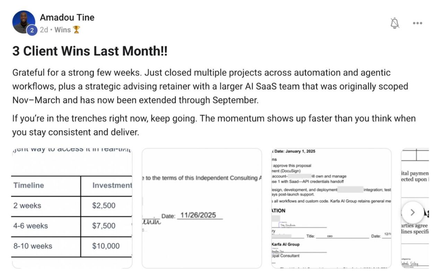 Amadou Tine: 3 client wins in a month, including an advising retainer with an AI SaaS team