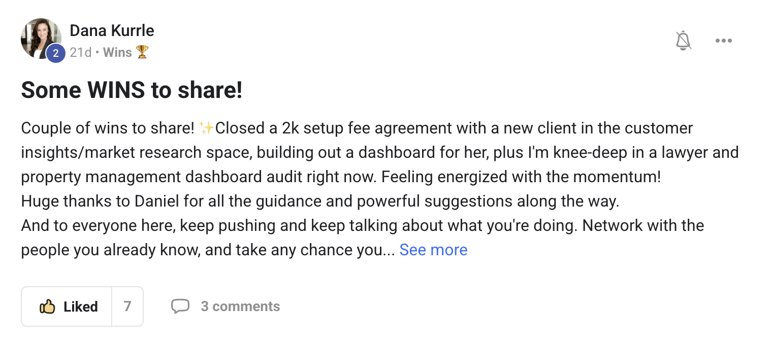Dana Kurrle: a 2k setup fee agreement with a new client, plus a dashboard audit underway