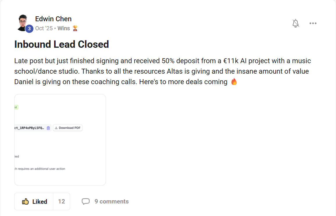 Edwin Chen: an inbound lead closed, 50% deposit on an €11k project