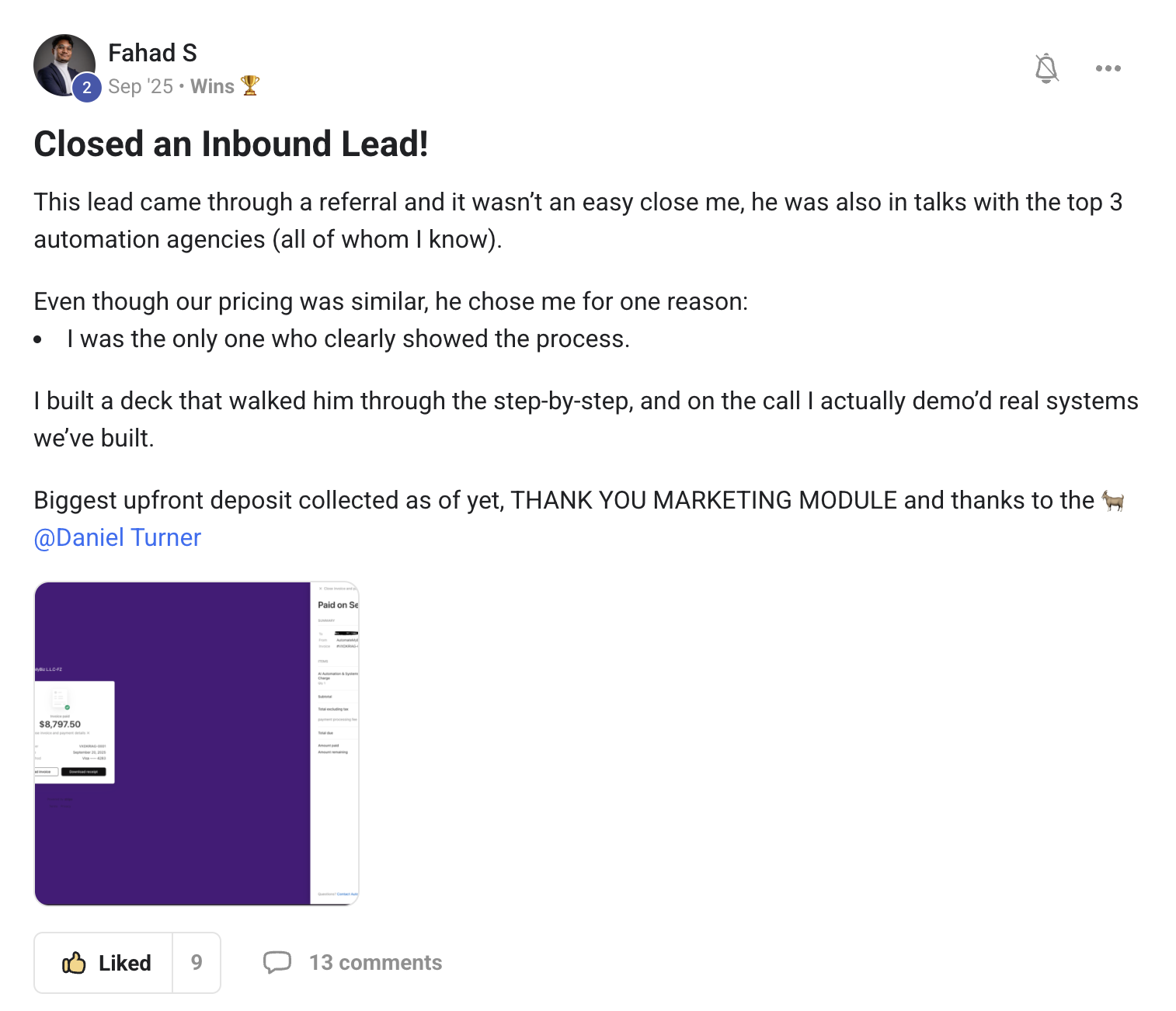 Fahad S: an inbound lead closed, his biggest upfront deposit yet