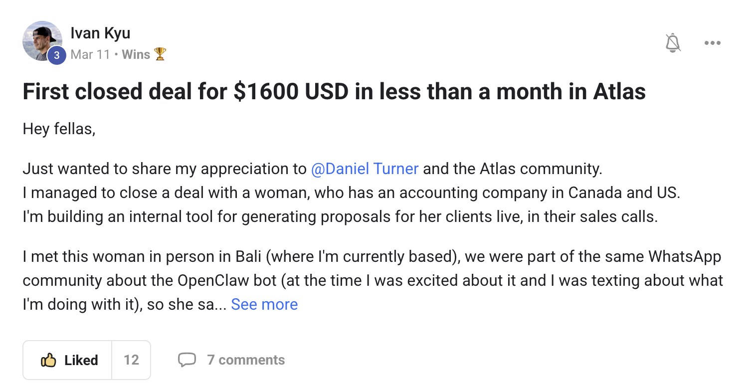 Ivan Kyu: his first closed deal, $1,600 USD in less than a month at Atlas