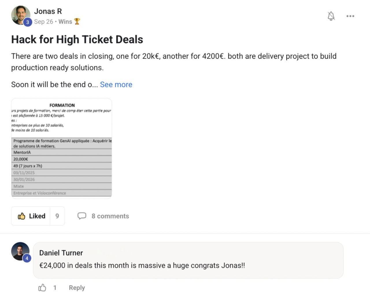Jonas R: two deals closing, 20k EUR and 4,200 EUR, with Daniel's reply