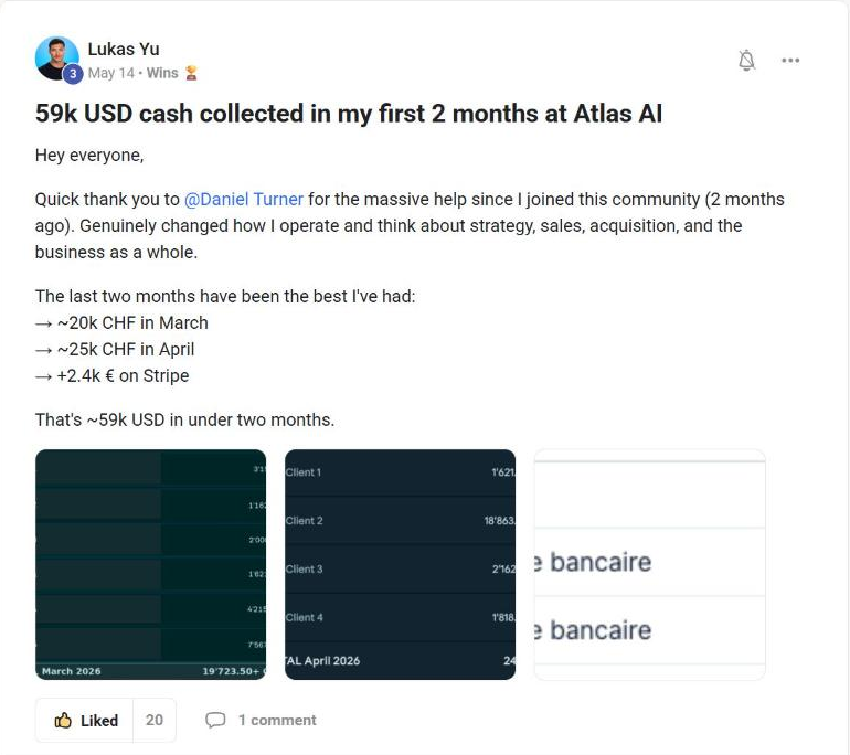 Lukas Yu: 59k USD cash collected in his first 2 months at Atlas AI