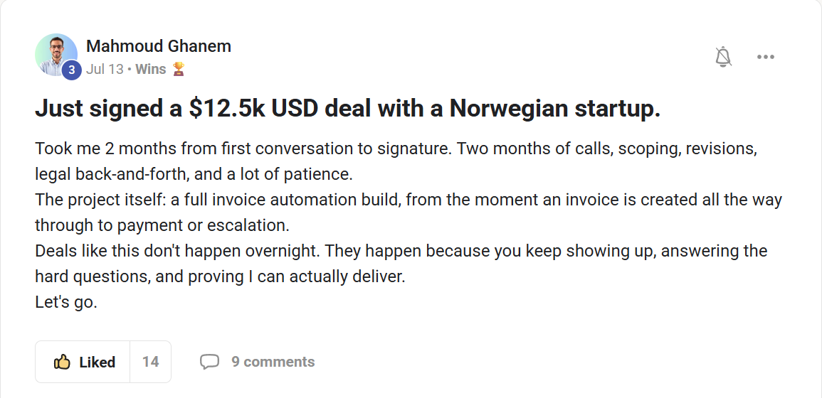 Mahmoud Ghanem: a $12.5k USD invoice automation deal with a Norwegian startup