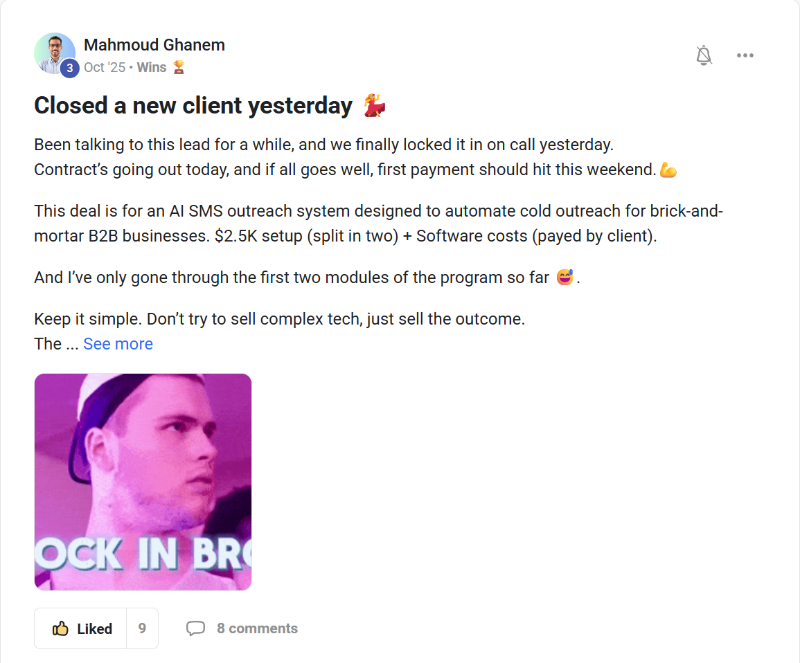 Mahmoud Ghanem: a new client, $2.5K setup for an AI SMS outreach system
