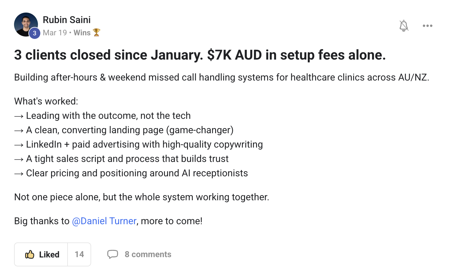 Rubin Saini: 3 clients since January, $7K AUD in setup fees