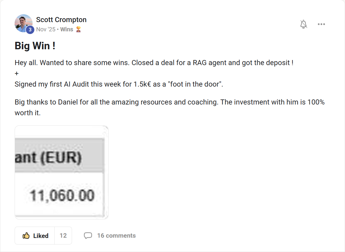 Scott Crompton: a RAG agent deal closed with an €11,060 payment, plus his first AI audit for €1.5k