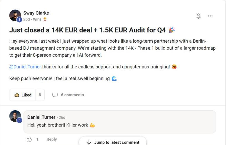Sway Clarke: closed a 14K EUR deal plus a 1.5K EUR audit